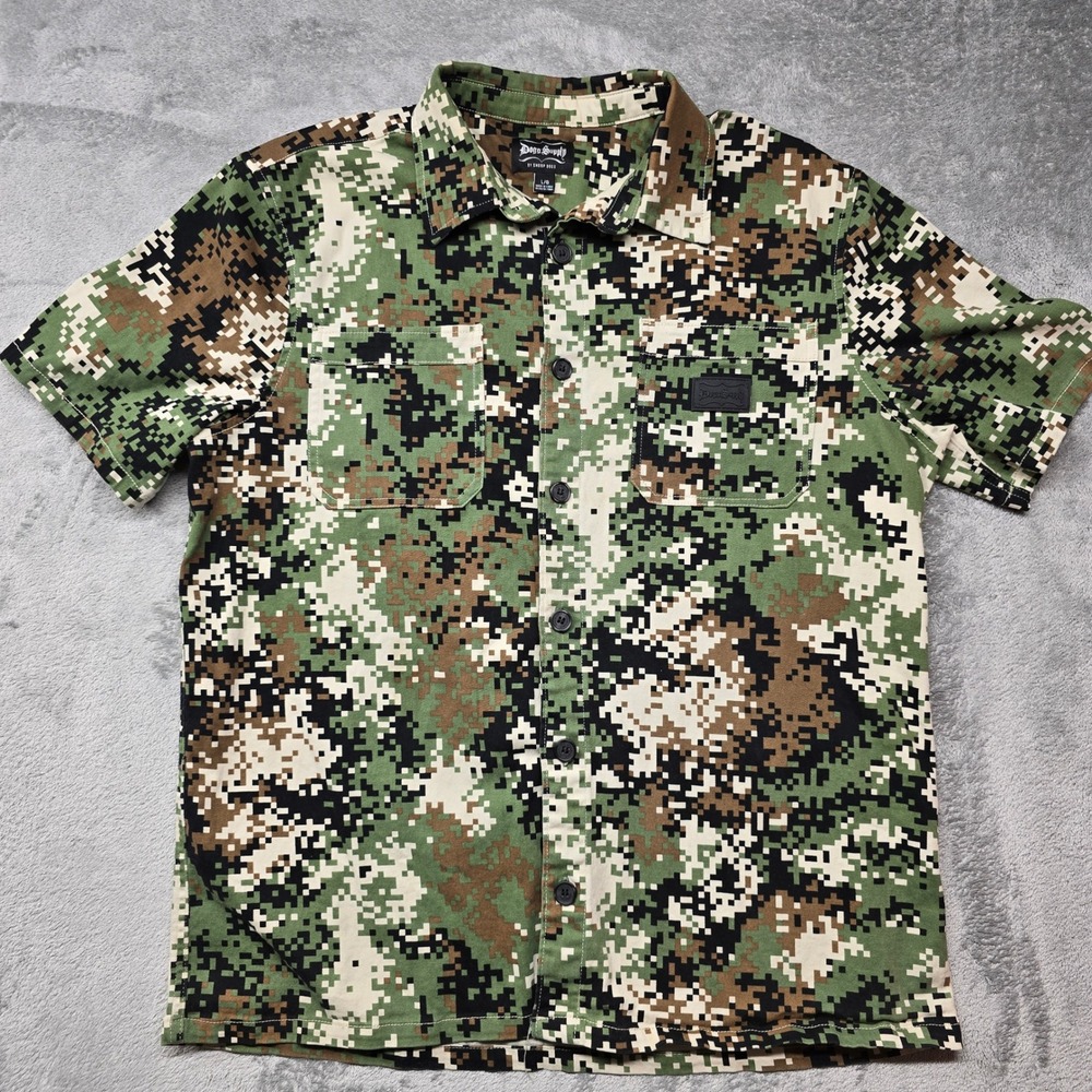 Dogg Supply‎ By Snoop Dogg Digital Camo Button Up Shirt Men LG Logo Short Sleeve